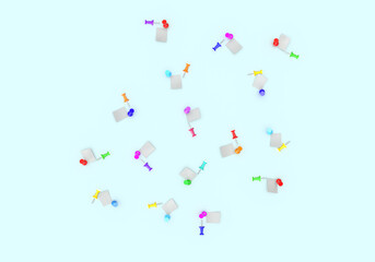 A pattern of colorful pins and paper notes. 3d rendering on the topic of business, work, study, university, office. Modern, minimal style. Blue background.