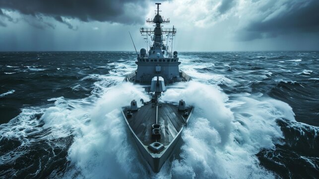 Modern navy destroyer is on patrol. Military defense and security concept. Navy ship sailing on rough seas, 4k HD wallpaper, background, generated by AI