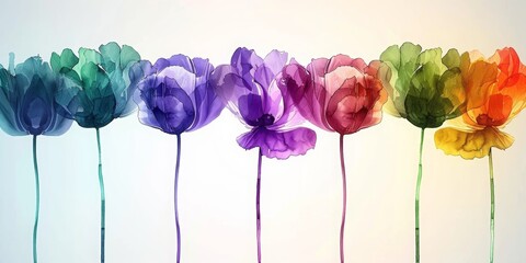 Watercolor smooth painting, very dreamy flowers in different colors standing tall in a field