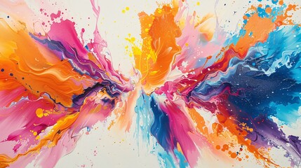 Fototapeta premium A visually striking abstract composition with a dynamic explosion of colors. The artwork features a central burst of neon hues, such as electric blue, hot pink, and bright orange, with splashes of