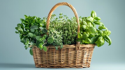 Naklejka premium Fresh herbs in a wicker basket set against a light blue background, featuring basil, mint, and thyme leaves in vibrant green colors.