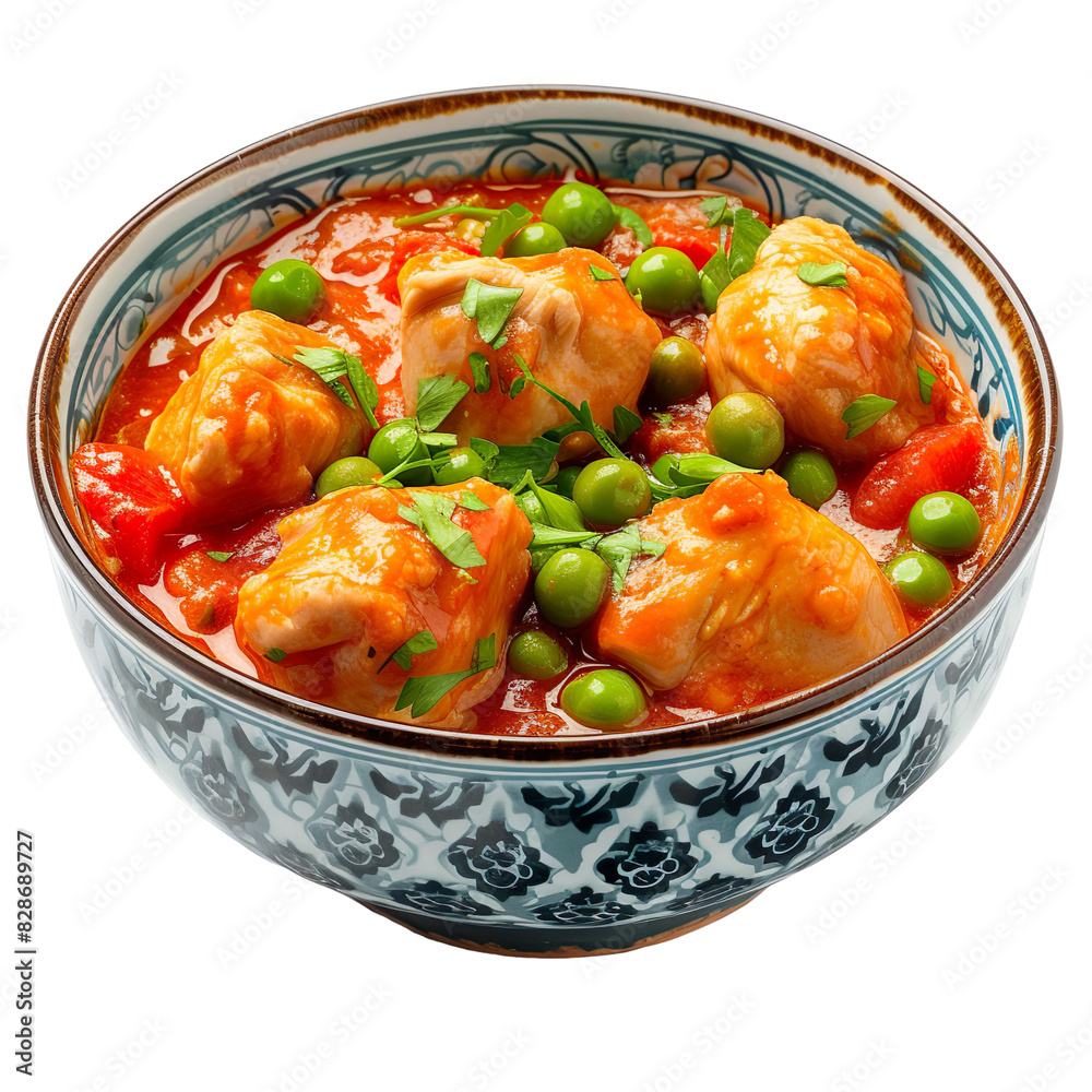 Wall mural Front view of Tavuklu Bezelye with Turkish chicken and pea stew, featuring tender chicken pieces with peas, cooked in a flavorful tomato-based sauce, isolated on a white transparent background