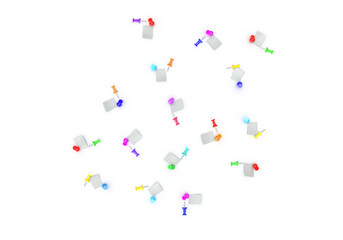 A pattern of colorful pins and paper notes. 3d rendering on the topic of business, work, study, university, office. Modern, minimal style. Transparent background.