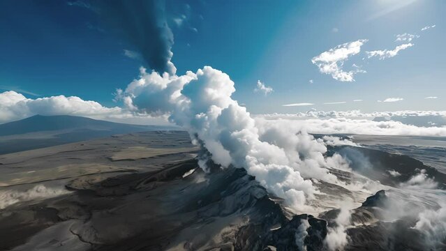 Aboard a helicopter a breathtaking view of a fumarole releasing a massive plume of steam into the sky.