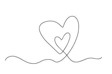  Continuous one line drawing of a love sign with two hearts. Line draw two hearts, minimalist love concept illustration. Vector illustration