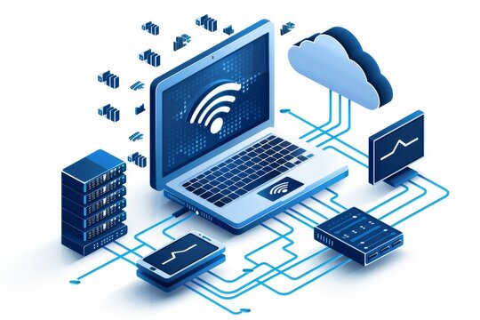 Futuristic network setup with laptops and devices connected through digital interfaces, showcasing advanced tech integration