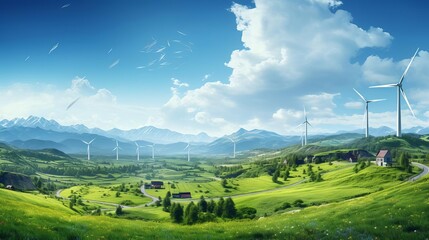 A picturesque rural landscape dotted with modern wind turbines