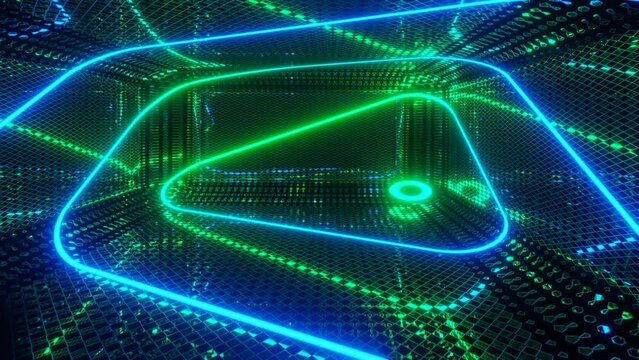 Vj loop neon room. Mirror room with neon light. Abstract festive bg with bright reflection. Dark room disco lights. Seamless looped bg with neon light. Night club bright neon style bg. Moving light