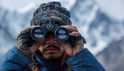 Unas manos sostienen unos prismáticos, pertenecientes a un guía sherpa, en vista frontal.






