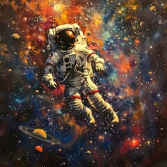 Fototapeta premium A lone astronaut floating through a galaxy
