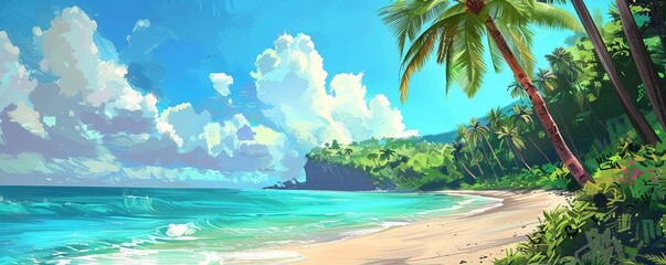 Adventure travel service with exclusive summer packages, exotic destination visuals, digital painting, inviting, vibrant