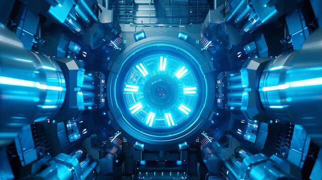 Advanced nuclear reactor in hightech facility, glowing with energy, , blue hues, detailed
