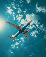 Fototapeta premium A sleek and sophisticated airplane soars through the vibrant blue sky, its wings cutting through the air like a knife through butter