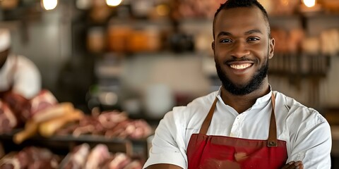 African American Male Butcher in Red Apron Working in Butcher Shop. Concept Butcher Shop, Red Apron, African American, Working, Professional Portrait