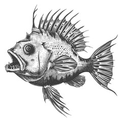 Anglerfish Fish from deep sea with old engraving style