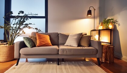 Couch, interior design and dark lounge in home, sofa and furniture in accommodation. Living room, indoor and feng shui and decoration for modern house, minimal property or architecture