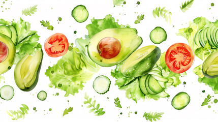 pattern of watercolor avocado, tomatoes, cucumbers, lettuce, greens for salad. Isolated on a white background. Healthy food concepts