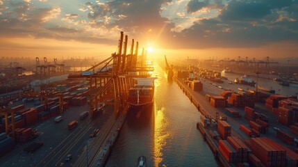 Un puerto bullicioso lleno de barcos de carga, aviones y camiones, con el sol brillando. El ambiente de trabajo está lleno de energía. Estilo: Vibrante y dinámico.








