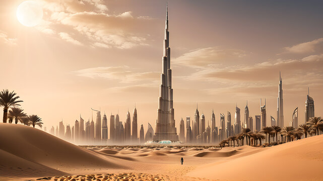 Bollywood action movie poster background with burj khalifa and dubai skyline and desert, Generative AI