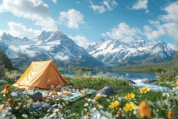 Una tienda de campaña extendida en el césped, una manta llena de tentempiés, sillas de playa, una linda carreta de comedor, un arroyo que fluye entre la hierba, montañas cubiertas de nieve 