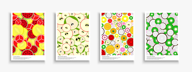 Collection of color summer fruits posters, templates, backgrounds placards, brochures, banners, flyers and etc. Bright drawing covers. Vibrant nature prints