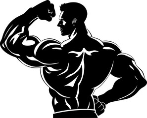 Silhouette bodybuilder athlete showing his muscle arms. AI generated illustration.