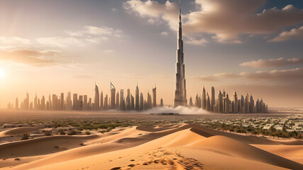 Bollywood action movie poster background with burj khalifa and dubai skyline and desert, Generative AI