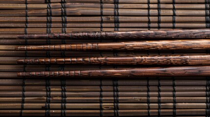 Close-up of dark brown wooden chopsticks on a textured bamboo mat, top view, fine details and...