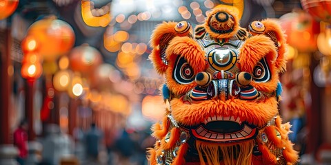 Fototapeta premium Majestic Chinese Lion Symbolizing Cultural Festivities and Tradition. Concept Chinese Lion Dance, Lunar New Year Celebrations, Symbol of Good Luck, Traditional Festive Performances