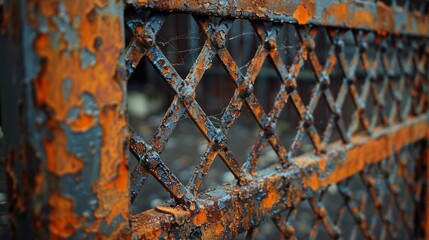 Close-up of a rusted metal gate with intricate patterns, highlighting the texture and decay in an industrial setting