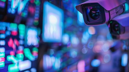 Close-up of surveillance camera with stock market digital display in background, highlighting security in trading environments.