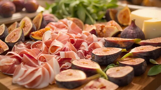 An elevated tropical charerie board featuring savory prosciutto plump figs and creamy macadamia nut cheese.