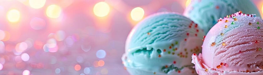 Colorful ice cream scoops with sprinkles and bokeh lights in the background create a delightful and sweet dessert scene.