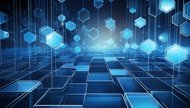 Dark blue backdrop filled with a network of overlapping, translucent blue hexagons - Powered by Adobe