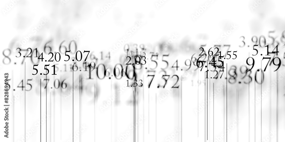 Poster black random numbers with lines on white background with selective focus, mathematical number data o