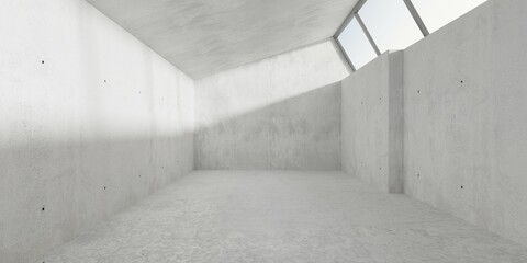 Abstract empty, modern concrete room with sloped windows in the ceiling and rough floor - industrial interior background template