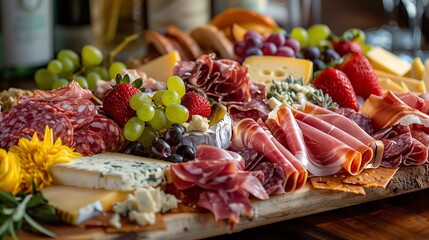 Fototapeta premium A beautifully arranged charcuterie board with various cheeses, meats, fruits and crackers. Perfect for entertaining or a special occasion.