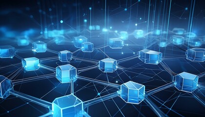 Dark blue backdrop filled with a network of overlapping, translucent blue hexagons