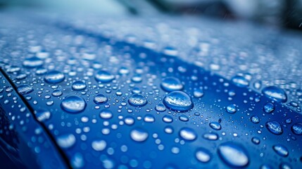 A macro shot of a blue car roof with water droplets, highlighting the contrast between the sleek paint and the glistening beads of water