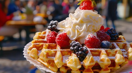 A delicious waffle topped with whipped cream, fresh berries, and powdered sugar.