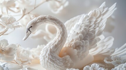 Obraz premium A graceful white swan with delicate feathers and a long neck, surrounded by white flowers, creates a serene and elegant composition.