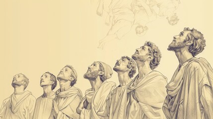 Obraz premium Jesus Ascending into Clouds with Disciples Watching, Outside Jerusalem, Biblical Illustration, Beige Background, Copyspace