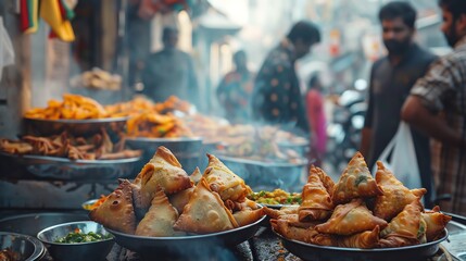 A street food vendor in India sells delicious samosas, a popular street food snack.