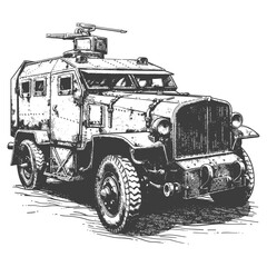 armored vehicle with old engraving style