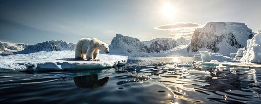 A polar bear sits alone on an ice floe amidst melting glaciers under the bright sun, highlighting the stark beauty and effects of climate change.