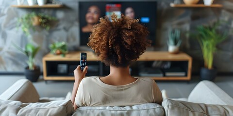 Choosing a TV show with a remote control on the couch. Concept TV Shows, Remote Control, Couch Lifestyle, Entertainment, Relaxing Moments