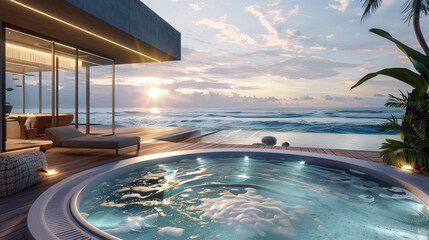 Fototapeta premium Luxurious Modern Beach House with Ocean View at Sunset