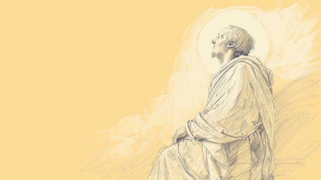 John Exiled on Patmos, Receiving End Times Revelations, Visions of Heaven, Biblical Illustration, Beige Background, Copyspace