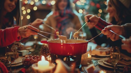 Friends enjoying a festive fondue dinner with warm lighting and a cozy atmosphere.