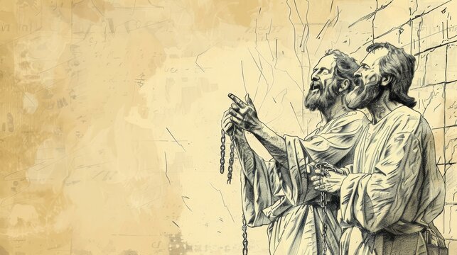 Earthquake Breaking Chains of Paul and Silas Singing in Philippian Jail, Biblical Illustration, Beige Background, Copyspace